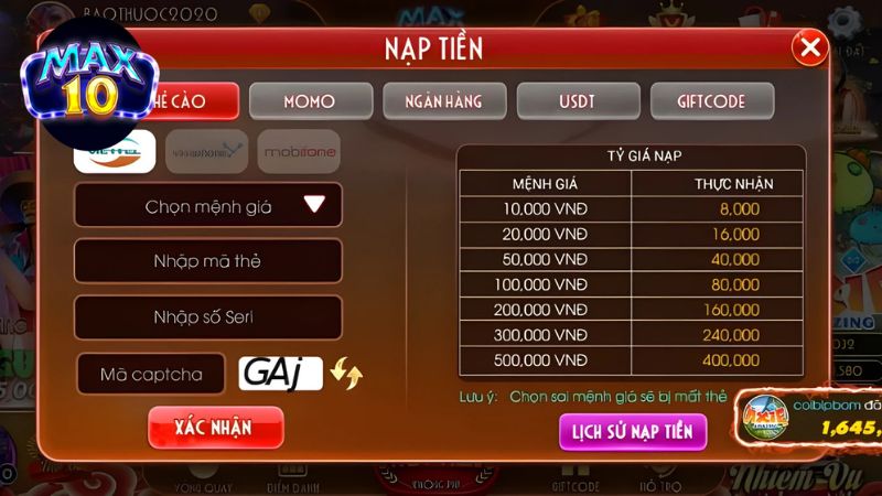 Chương trình Max10 tặng 100% nạp đầu dành riêng cho tân thủ thực hiện lần thứ 1